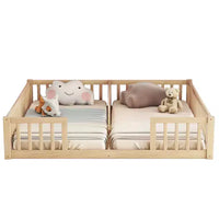 Lit double superposé avec barrière de sécurité, lit plateforme en bois avec clôture pour 2 enfants