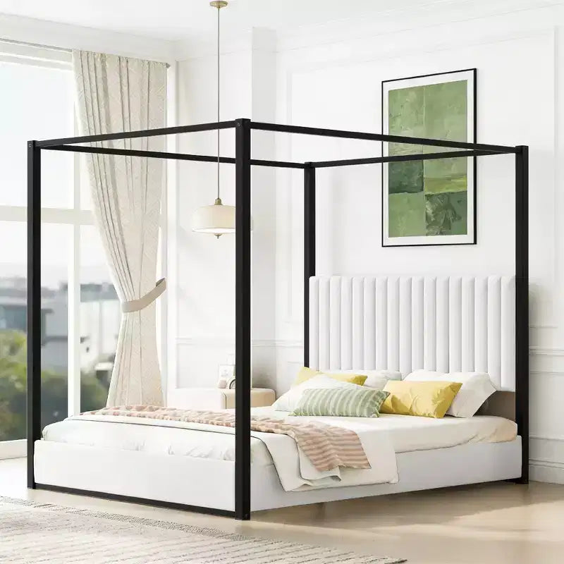 Luxystar - Lit plateforme à baldaquin moderne taille Queen avec tête de lit tapissée, noir