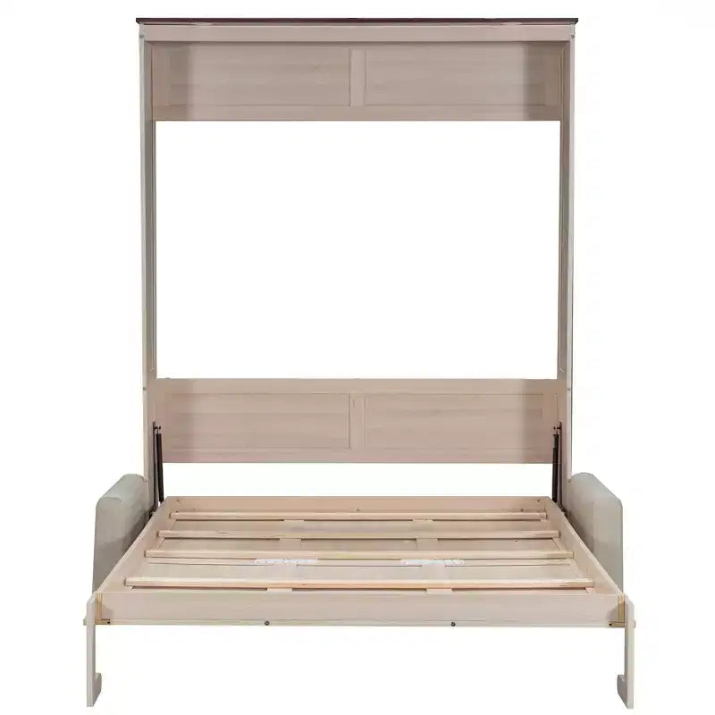 Lit escamotable taille Queen avec canapé, lit cabinet en bois Queen, lit mural avec éclairage LED, coffre mural pliant pour chambre d'amis, beige