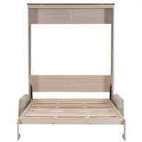 Lit escamotable Queen Size avec canapé, Lit escamotable Queen Size en bois avec éclairage LED, Lit escamotable pliant avec coffre pour chambre d'amis, Beige