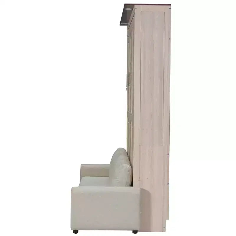Lit escamotable taille Queen avec canapé, lit cabinet en bois Queen, lit mural avec éclairage LED, coffre mural pliant pour chambre d'amis, beige
