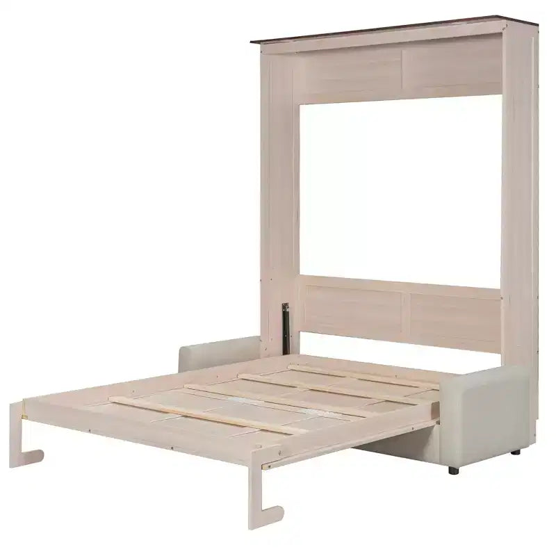 Lit escamotable taille Queen avec canapé, lit cabinet en bois Queen, lit mural avec éclairage LED, coffre mural pliant pour chambre d'amis, beige