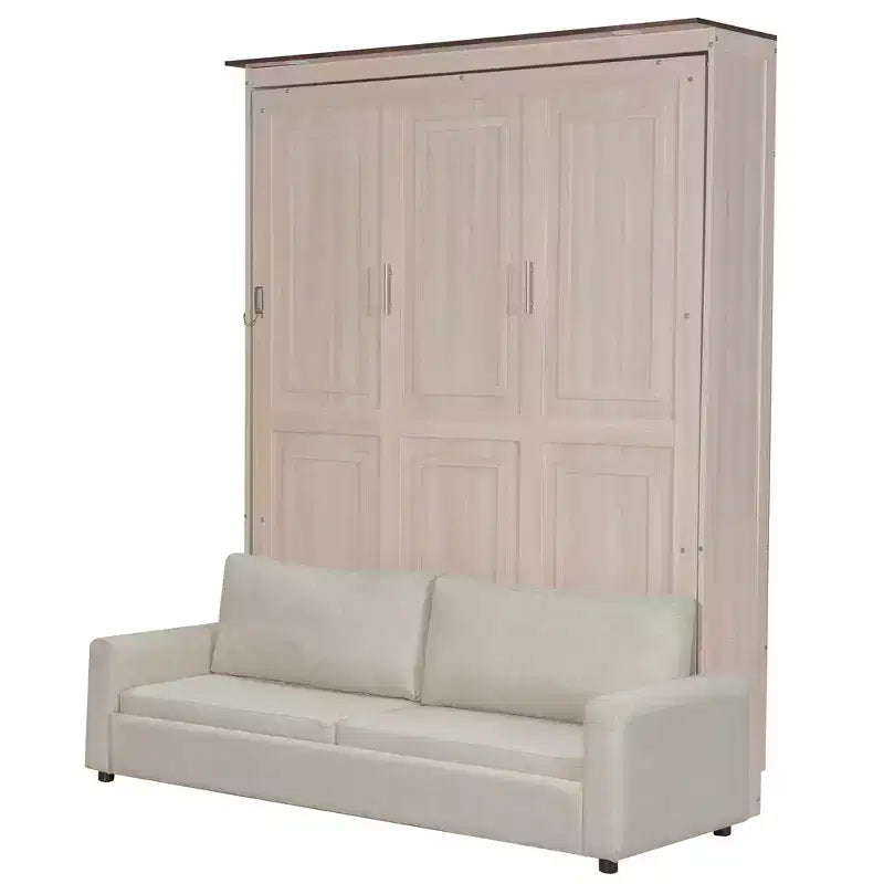 Lit escamotable taille Queen avec canapé, lit cabinet en bois Queen, lit mural avec éclairage LED, coffre mural pliant pour chambre d'amis, beige