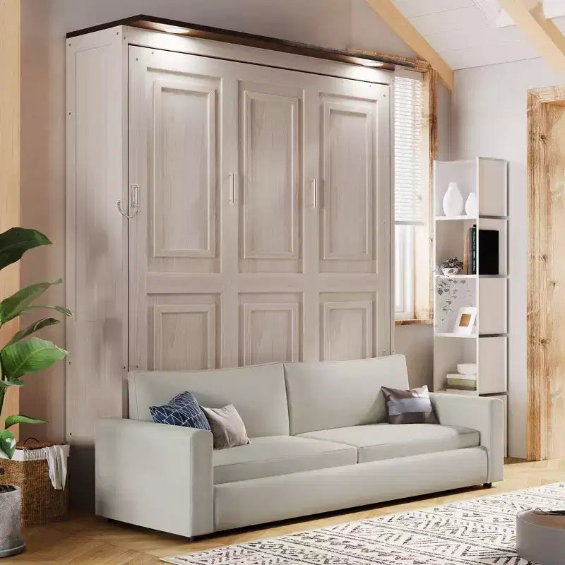 Lit escamotable taille Queen avec canapé, lit cabinet en bois Queen, lit mural avec éclairage LED, coffre mural pliant pour chambre d'amis, beige