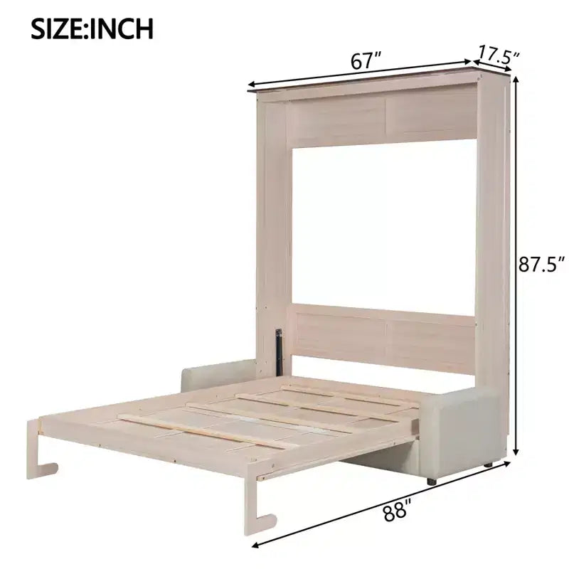 Lit escamotable taille Queen avec canapé, lit cabinet en bois Queen, lit mural avec éclairage LED, coffre mural pliant pour chambre d'amis, beige