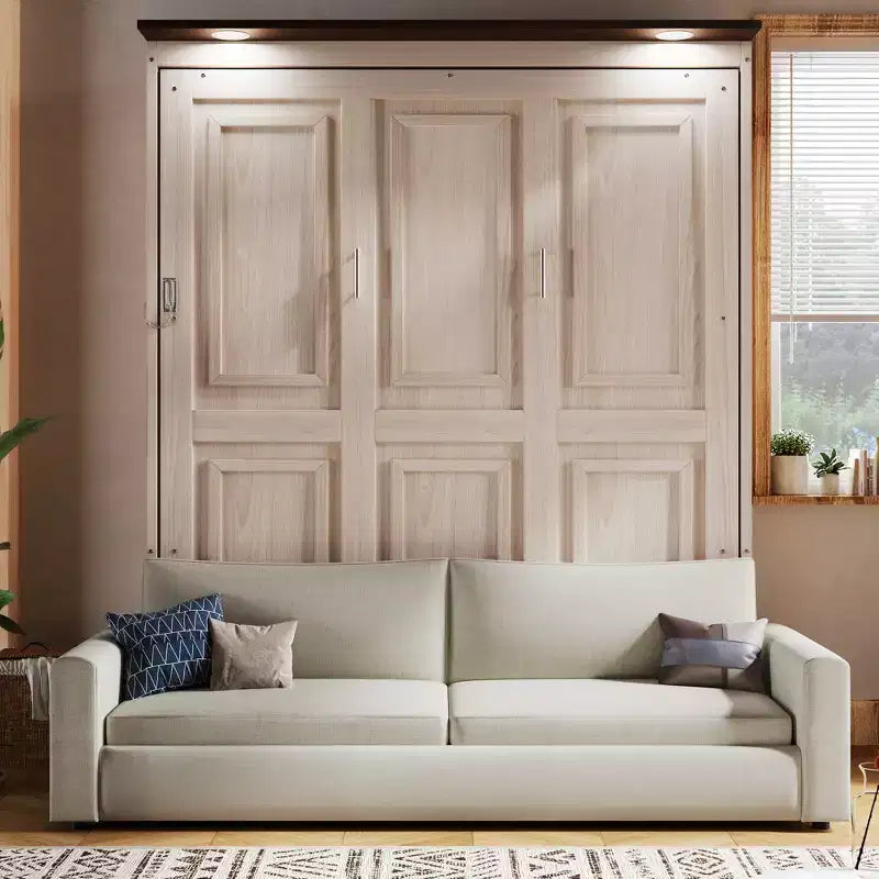 Lit escamotable taille Queen avec canapé, lit cabinet en bois Queen, lit mural avec éclairage LED, coffre mural pliant pour chambre d'amis, beige
