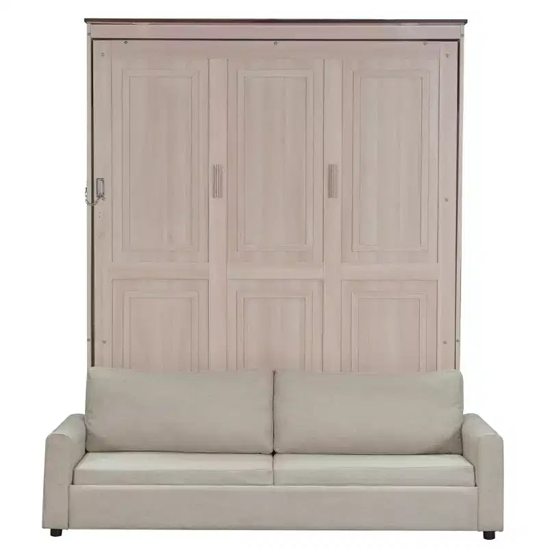 Lit escamotable taille Queen avec canapé, lit cabinet en bois Queen, lit mural avec éclairage LED, coffre mural pliant pour chambre d'amis, beige