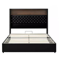 Lit capitonné en velours MAYEERTY Queen Size avec veilleuse port USB et tête de lit haute de 52 pouces avec décor de rivets et étagère de tête de lit pour chambre à coucher, noir