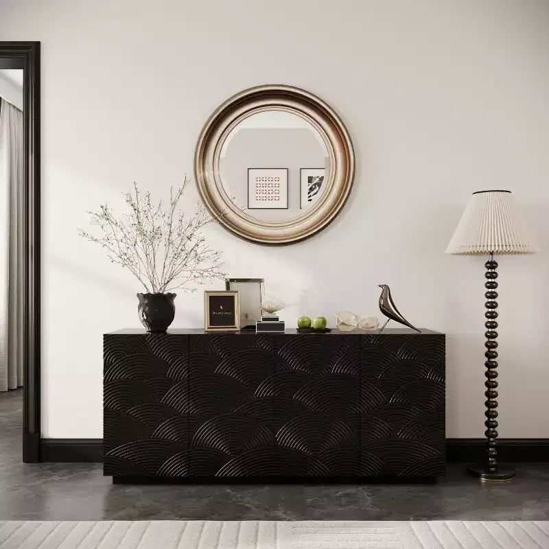 JVNOXK Buffet moderne à quatre portes de 150 cm, meuble de rangement rectangulaire avec dispositif anti-basculement indépendant, adapté aux cuisines, noir