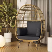 Fauteuil œuf en osier avec coussin moelleux et cadre en acier, chaises longues de patio en rotin pour patio, arrière-cour, salon, chambre à coucher