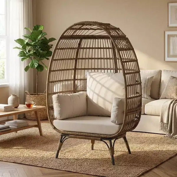 Fauteuil œuf en osier avec coussin moelleux et cadre en acier, chaises longues de patio en rotin pour patio, arrière-cour, salon, chambre à coucher