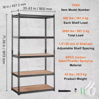 Étagère de rangement VEVOR, 5 niveaux réglables, capacité de 907 kg, étagères de garage robustes, organisateur en métal, rack utilitaire, noir, 89L x 46W x 180H