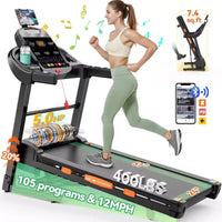 Tapis de course 5HP en promotion, tapis de course avec inclinaison 20%, tapis de course portable pour petit espace à la maison, haut-parleurs Bluetooth, contrôle par application, poignées de pouls, capacité 400LB
