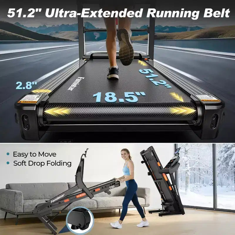 Tapis de course 5HP en promotion, tapis de course avec inclinaison 20%, tapis de course portable pour petit espace à la maison, haut-parleurs Bluetooth, contrôle par application, poignées de pouls, capacité 400LB