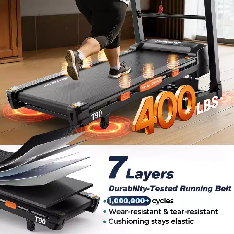 Tapis de course 5HP en promotion, tapis de course avec inclinaison 20%, tapis de course portable pour petit espace à la maison, haut-parleurs Bluetooth, contrôle par application, poignées de pouls, capacité 400LB