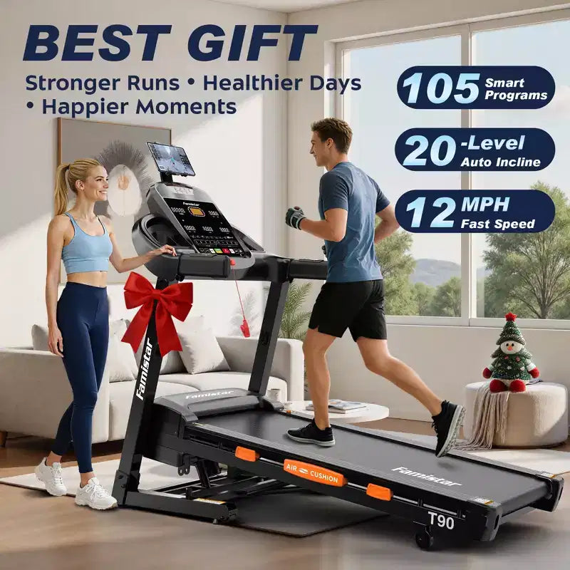 Tapis de course 5HP en promotion, tapis de course avec inclinaison 20%, tapis de course portable pour petit espace à la maison, haut-parleurs Bluetooth, contrôle par application, poignées de pouls, capacité 400LB