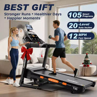 Tapis de course 5HP en promotion, tapis de course avec inclinaison 20%, tapis de course portable pour petit espace à la maison, haut-parleurs Bluetooth, contrôle par application, poignées de pouls, capacité 400LB
