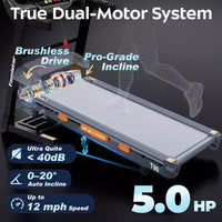 Tapis de course 5HP en promotion, tapis de course avec inclinaison 20%, tapis de course portable pour petit espace à la maison, haut-parleurs Bluetooth, contrôle par application, poignées de pouls, capacité 400LB