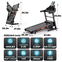 Tapis de course 5HP en promotion, tapis de course avec inclinaison 20%, tapis de course portable pour petit espace à la maison, haut-parleurs Bluetooth, contrôle par application, poignées de pouls, capacité 400LB