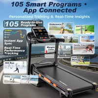 Tapis de course 5HP en promotion, tapis de course avec inclinaison 20%, tapis de course portable pour petit espace à la maison, haut-parleurs Bluetooth, contrôle par application, poignées de pouls, capacité 400LB