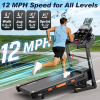 Tapis de course 5HP en promotion, tapis de course avec inclinaison 20%, tapis de course portable pour petit espace à la maison, haut-parleurs Bluetooth, contrôle par application, poignées de pouls, capacité 400LB
