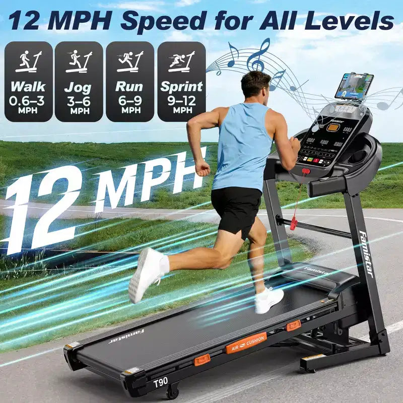 Tapis de course 5HP en promotion, tapis de course avec inclinaison 20%, tapis de course portable pour petit espace à la maison, haut-parleurs Bluetooth, contrôle par application, poignées de pouls, capacité 400LB