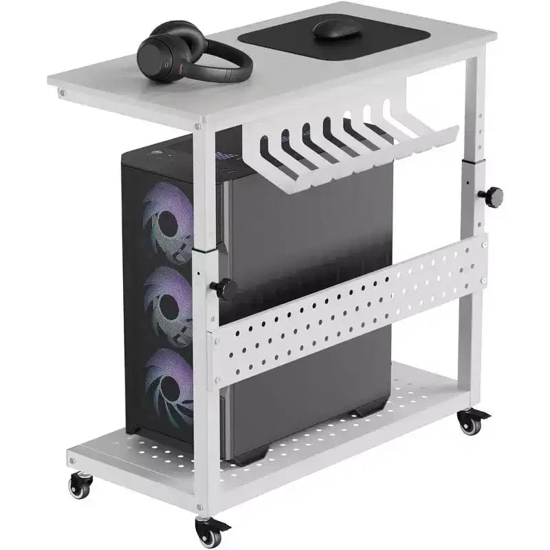 Support de tour d'ordinateur ajustable sur roulettes avec gestion des câbles, hauteur réglable de 58 à 86,6 cm pour sous le bureau. Support mobile à 2 niveaux pour bureau et maison, blanc.