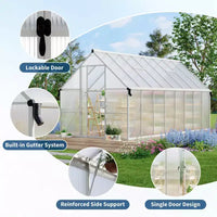 Serre en polycarbonate avec cadre en aluminium 8'X16', Serre robuste avec structure à montage rapide et lucarne de toit, Kit de serres en aluminium amélioré