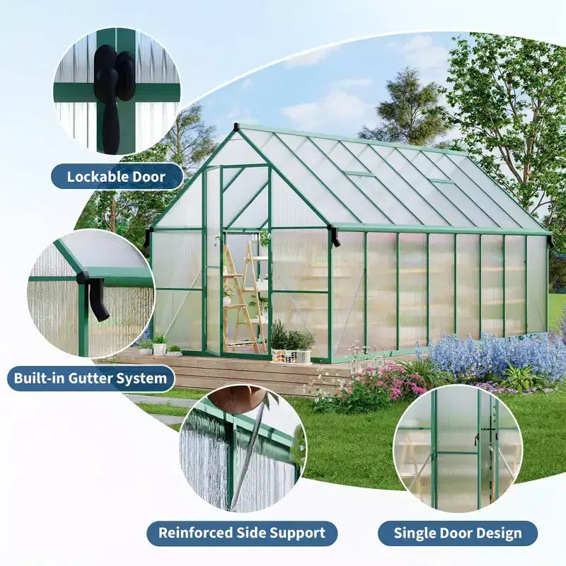 Serre en polycarbonate avec cadre en aluminium 8'X16', Serre robuste avec structure à montage rapide et lucarne de toit, Kit de serres en aluminium amélioré