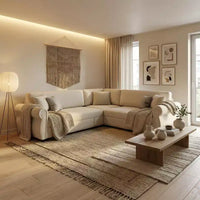 Canapé convertible d'angle 5 places Homy Casa 88 avec lit gigogne, revêtement chenille, beige