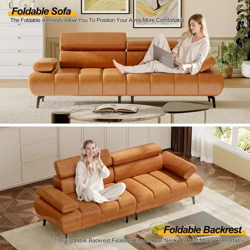 Canapé-lit 3 places en similicuir 86,6 po – Canapé-futon convertible avec dossier réglable et design divisé – Marron