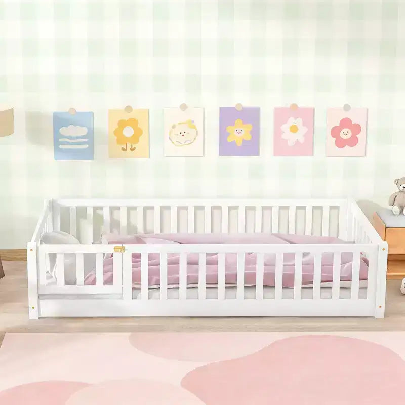 Lit de plancher double Luxystar avec clôture et porte pour chambre d'enfant