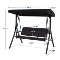 Balançoire de jardin 3 places avec auvent réglable, Balancelle de patio 3 personnes avec pare-soleil inclinable réglable, Balancelle de porche 3 places avec auvent