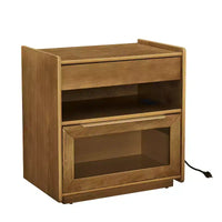Table de chevet Mid-Century Modern avec station de recharge, meuble à 2 tiroirs et porte, design cannelé, verrouillable (W1801P303392)