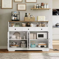 Buffet de ferme de 51 po avec station de recharge, 3 tiroirs et 4 portes coulissantes, meuble de rangement pour cuisine, salle à manger ou salon, blanc