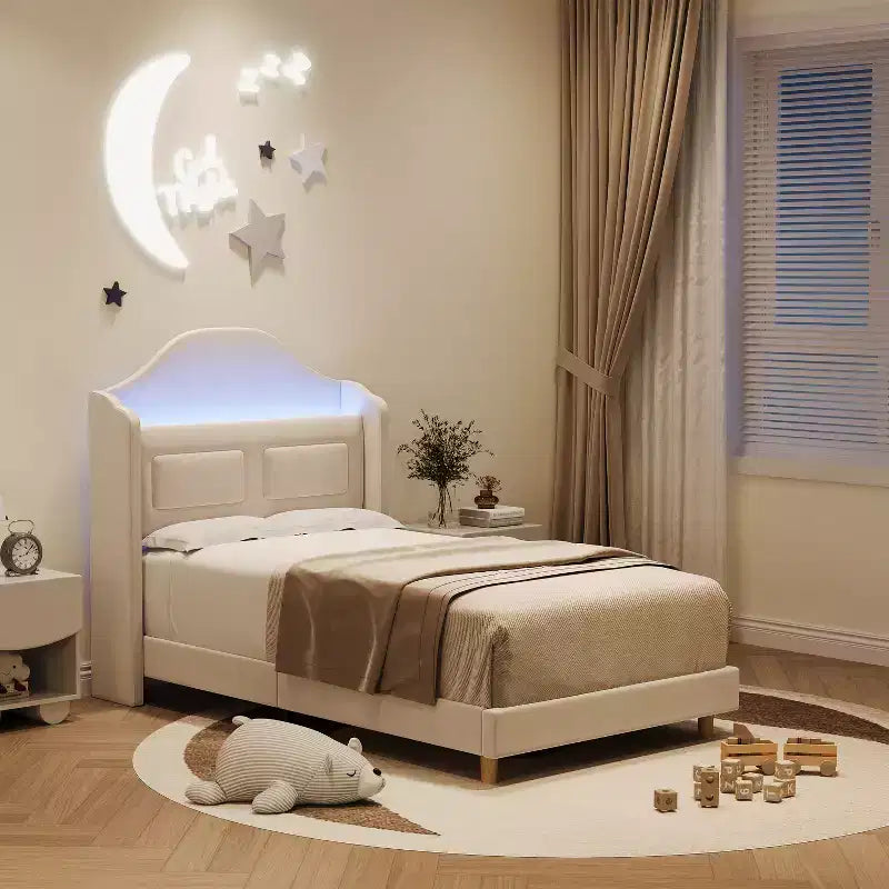 Cadre de lit enfant une place avec revêtement en velours, tête de lit à oreilles, éclairage LED et bibliothèque de rangement, lit une place style princesse, sans sommier