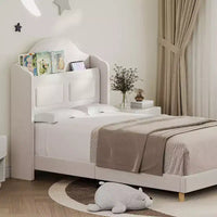 Cadre de lit enfant une place avec revêtement en velours, tête de lit à oreilles, éclairage LED et bibliothèque de rangement, lit une place style princesse, sans sommier