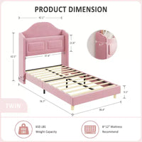 Cadre de lit enfant une place avec revêtement en velours, tête de lit à oreilles, éclairage LED et bibliothèque de rangement, lit une place style princesse, sans sommier