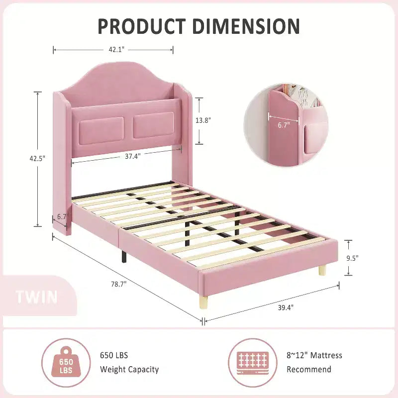 Cadre de lit enfant une place avec revêtement en velours, tête de lit à oreilles, éclairage LED et bibliothèque de rangement, lit une place style princesse, sans sommier