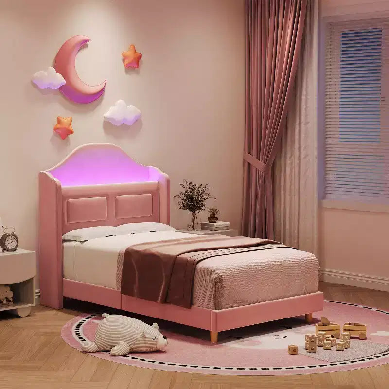 Cadre de lit enfant une place avec revêtement en velours, tête de lit à oreilles, éclairage LED et bibliothèque de rangement, lit une place style princesse, sans sommier