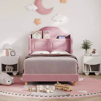 Cadre de lit enfant une place avec revêtement en velours, tête de lit à oreilles, éclairage LED et bibliothèque de rangement, lit une place style princesse, sans sommier