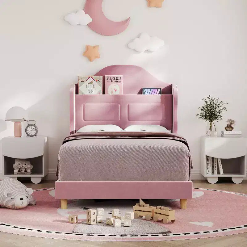 Cadre de lit enfant une place avec revêtement en velours, tête de lit à oreilles, éclairage LED et bibliothèque de rangement, lit une place style princesse, sans sommier