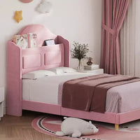 Cadre de lit enfant une place avec revêtement en velours, tête de lit à oreilles, éclairage LED et bibliothèque de rangement, lit une place style princesse, sans sommier