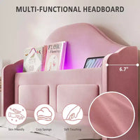 Cadre de lit enfant une place avec revêtement en velours, tête de lit à oreilles, éclairage LED et bibliothèque de rangement, lit une place style princesse, sans sommier
