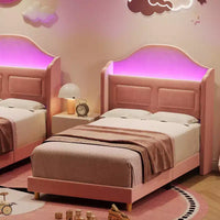 Cadre de lit enfant une place avec revêtement en velours, tête de lit à oreilles, éclairage LED et bibliothèque de rangement, lit une place style princesse, sans sommier