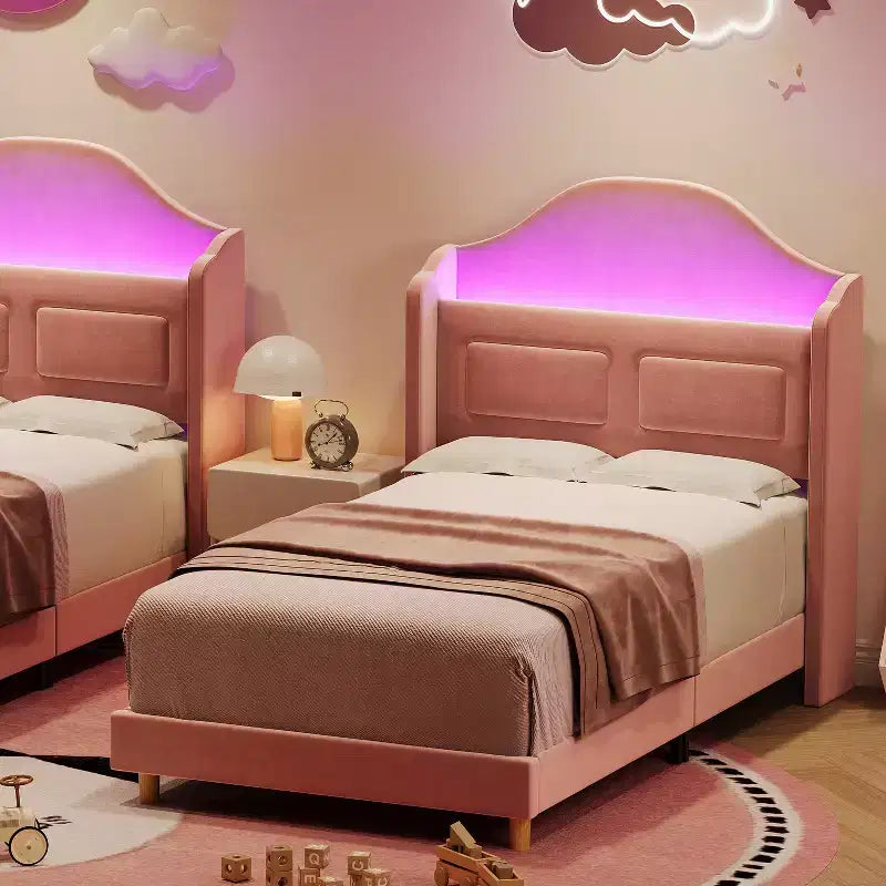 Cadre de lit enfant une place avec revêtement en velours, tête de lit à oreilles, éclairage LED et bibliothèque de rangement, lit une place style princesse, sans sommier