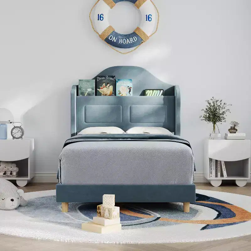 Cadre de lit enfant une place avec revêtement en velours, tête de lit à oreilles, éclairage LED et bibliothèque de rangement, lit une place style princesse, sans sommier