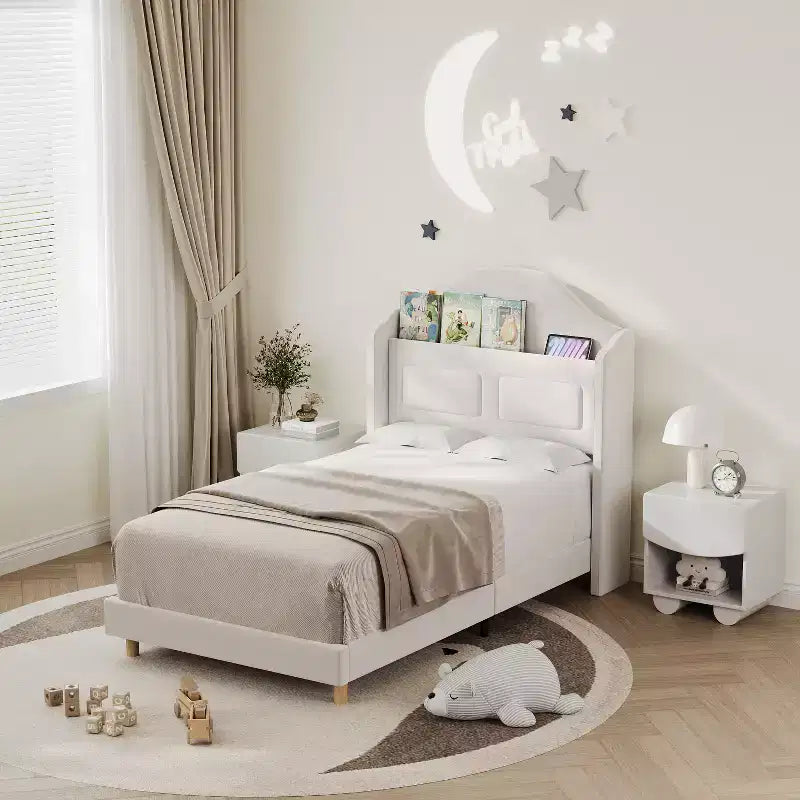 Cadre de lit enfant une place avec revêtement en velours, tête de lit à oreilles, éclairage LED et bibliothèque de rangement, lit une place style princesse, sans sommier