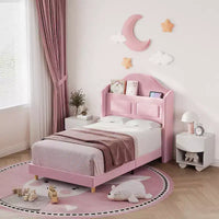 Cadre de lit enfant une place avec revêtement en velours, tête de lit à oreilles, éclairage LED et bibliothèque de rangement, lit une place style princesse, sans sommier