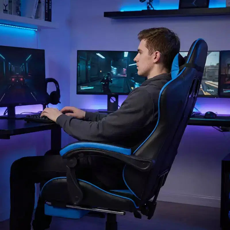 Chaise de jeu avec repose-pieds, chaise d'ordinateur ergonomique avec appuie-tête et support lombaire, chaise de jeu respirante et réglable en hauteur pour la maison et le bureau